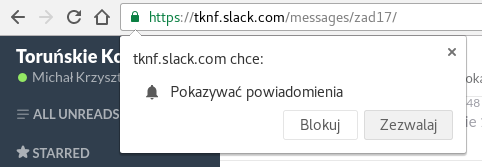 tknf.slack.com chce: Pokazywać powiadomienia
